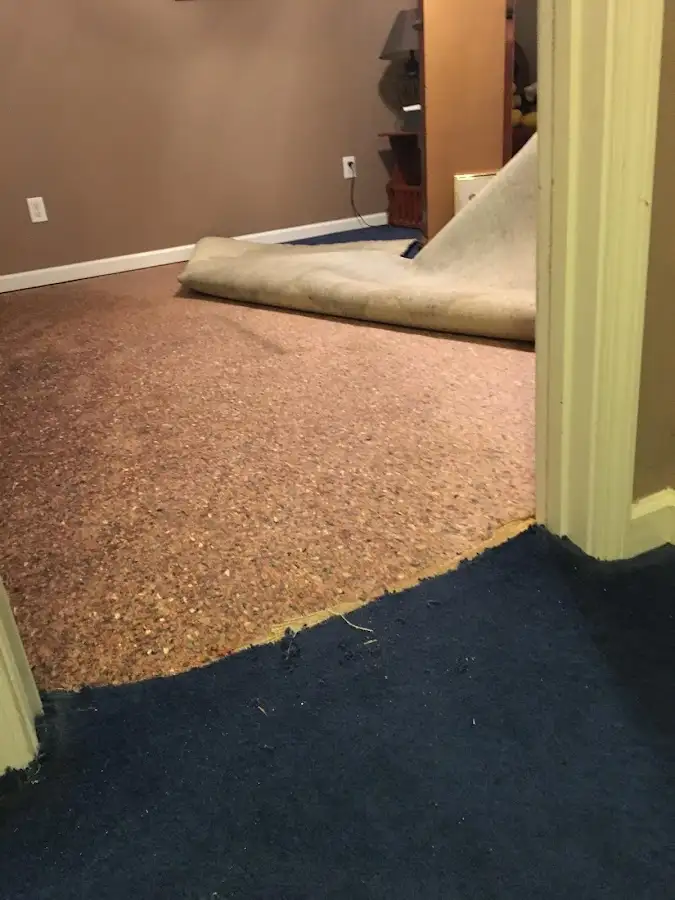 Carpet pad removal revealing water damage during Water Mitigation Services in Strongsville